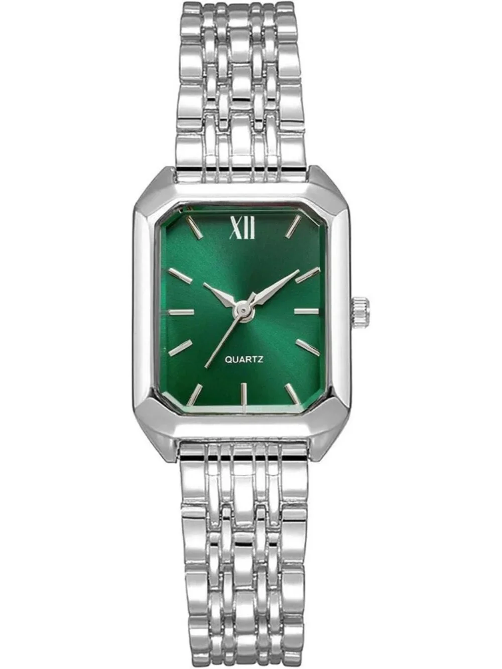 Women's Silver-Green Steel Strap Casual Fashion Simple Square Quartz Wrist Watch